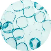 Close-up image of translucent blue gel beads scattered over a white surface.