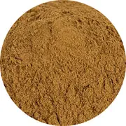 A close-up of a round pile of brown powder displayed against a white background.